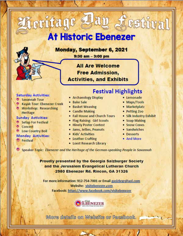 Heritage Day 2021 | Visit Ebenezer GA - Home of the Georgia Salzburger ...